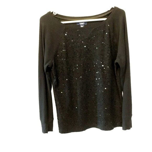 Chaps Women's Long Sleeve Sequined Sparkly Festive Crew Neck Tee Sz Large Black - Picture 1 of 7